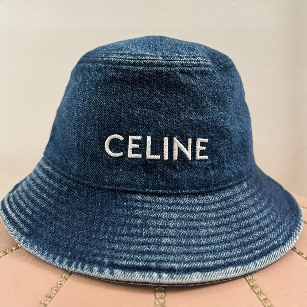 CELINE Denim Logo Embroidered Bucket Hat Sz. M